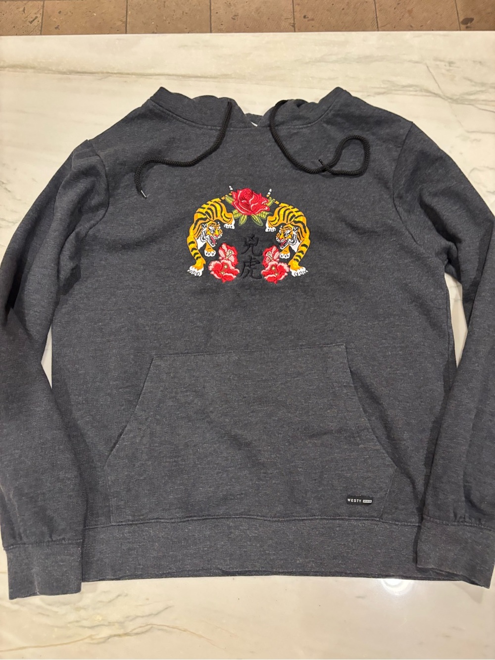 Westy Charcoal Gray Hoodie with Tiger & Rose Embroidery